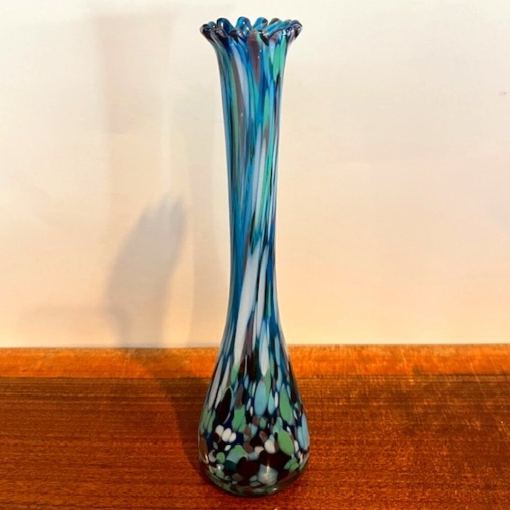 Art Glass 10" Confetti Pulled Blue Green Bud Vase with Flower Opening Glows